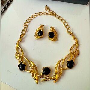 Jose Maria Barrera Gold Necklace Black Cabochon Crystal Earring Set Parure NEW